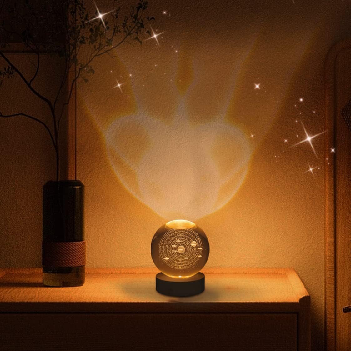 Projector USB 3D Solar System Crystal Ball Lamp With Wooden Base Led Display Stand